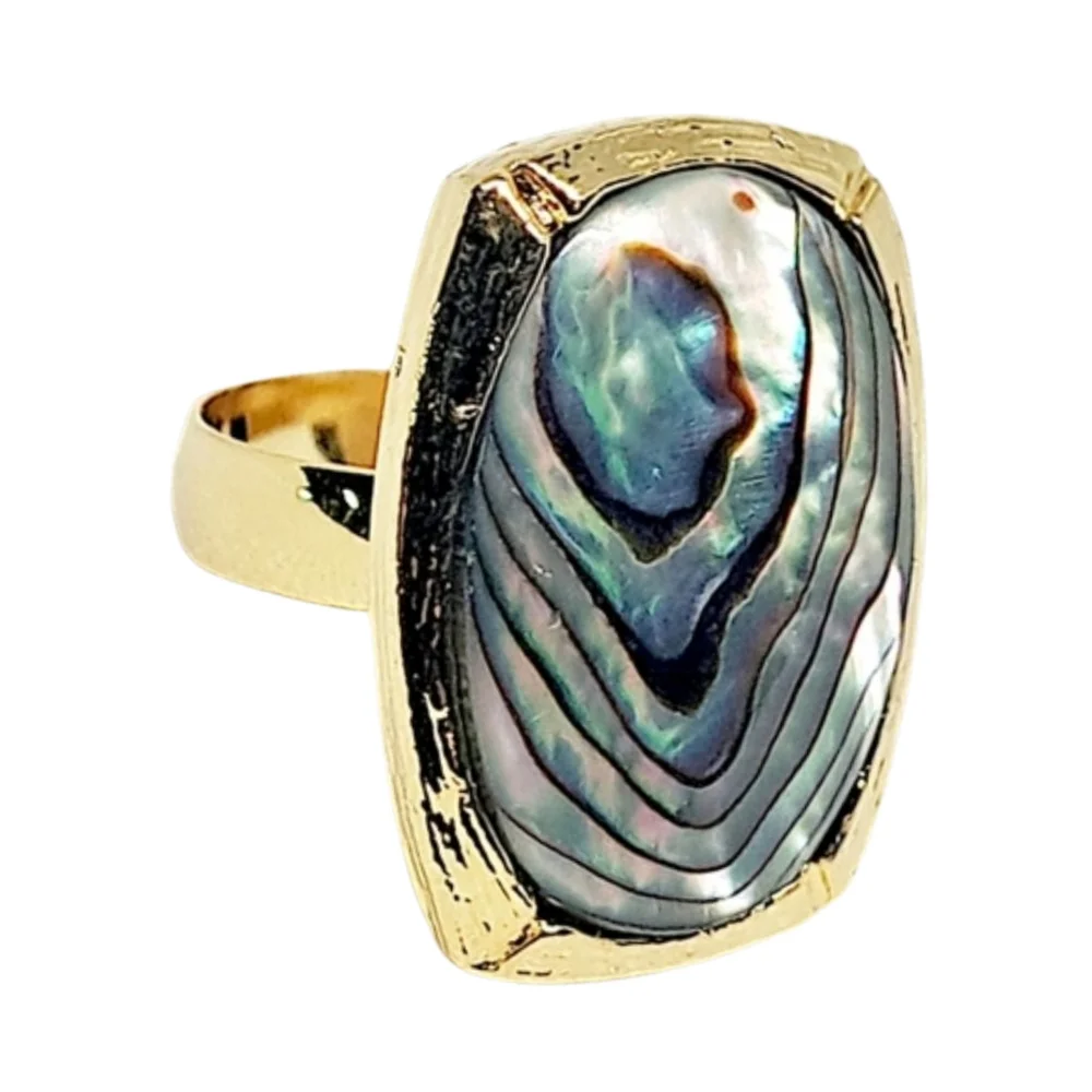 Gold Tone Adjustable Ring with Abalone Shell Inlay